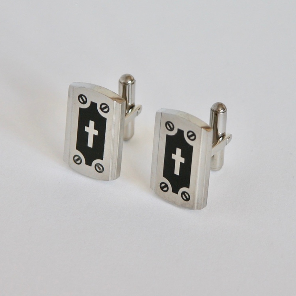 Silver Cross Religious Black Enamel Cufflinks